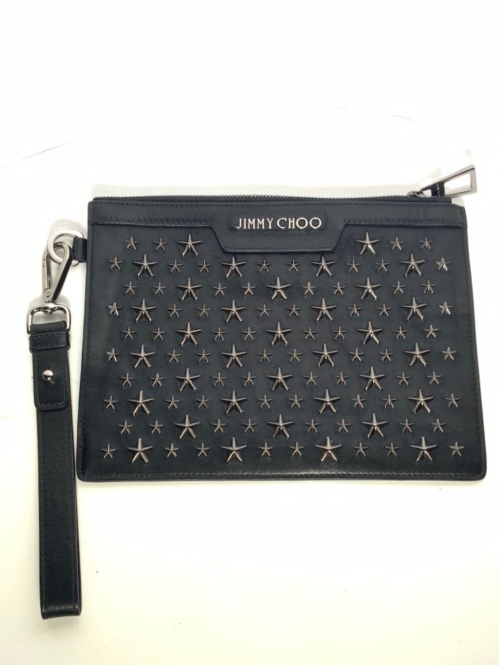 Jimmy Choo Black Leather Star Studded Clutch/Wristlet w/ Silver Accents